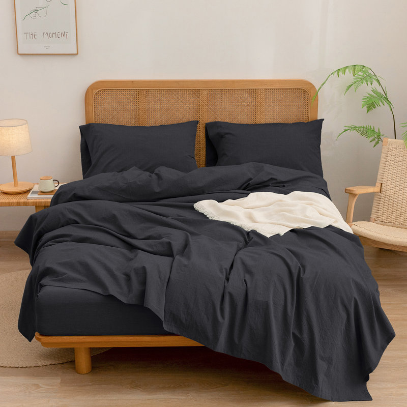BESTOUCH Sheet Set 100% Washed Cotton Linen Feel Lightweight, California King Sheet Set with 2 Pillowcases, Deep Black