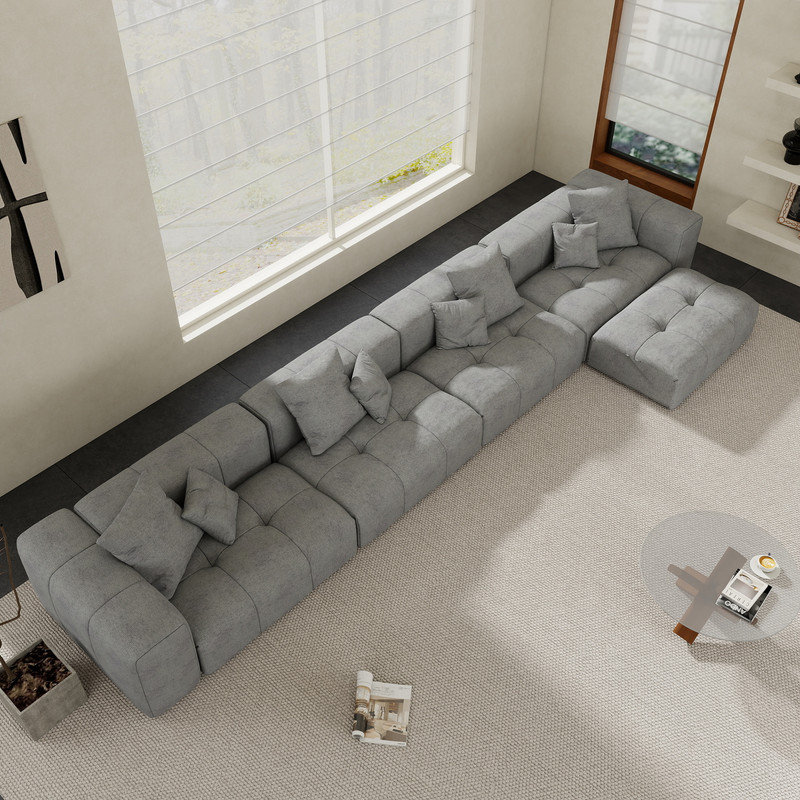 Kay Crumley 4-Piece Upholstered Modern Linen Fabric Sectional Sofa With Ottoman, Gray, 24.8" H x 131.14" W x 68.05" D