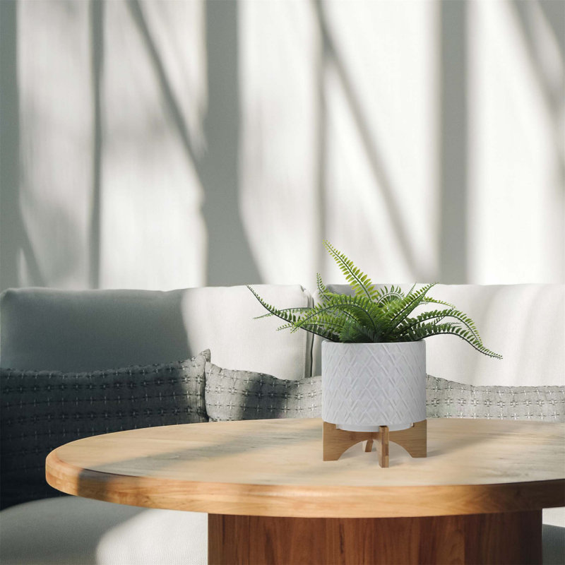 Gillett Modern Ceramic Planter with Wooden Stand - Stylish Textured Design, Contemporary Home Decor Accent, Durable Stoneware Construction, Sleek and Minimalist Look for Indoor Spaces