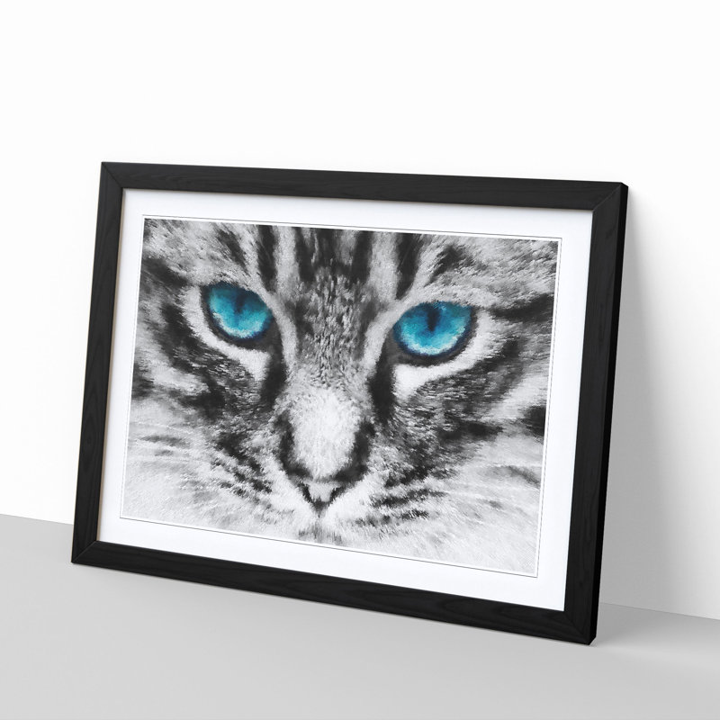 Bright Blue Cat Eyes Painting - Single Picture Frame Print on MDF, Black, 33cm H x 45cm W x 2cm D