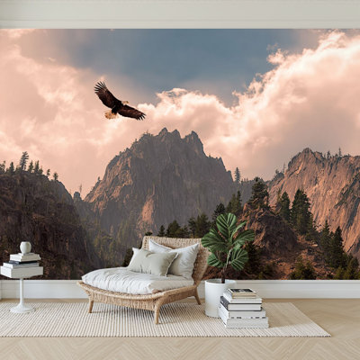 Peel and Stick Wallpaper 96" W x 69" H Modern Self Adhesive Wall Mural for Bedroom Bald Eagle Soaring High Forest Landscape