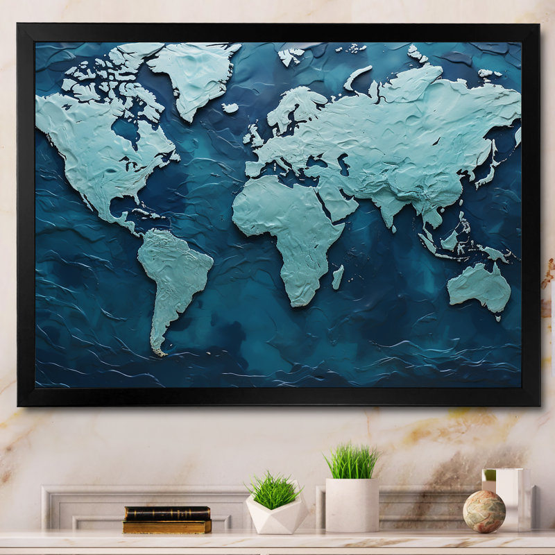 «Oceanic Ombre World Map» sur toile, H 24 po x l 32 po x P 1 po, Cadre simple noir