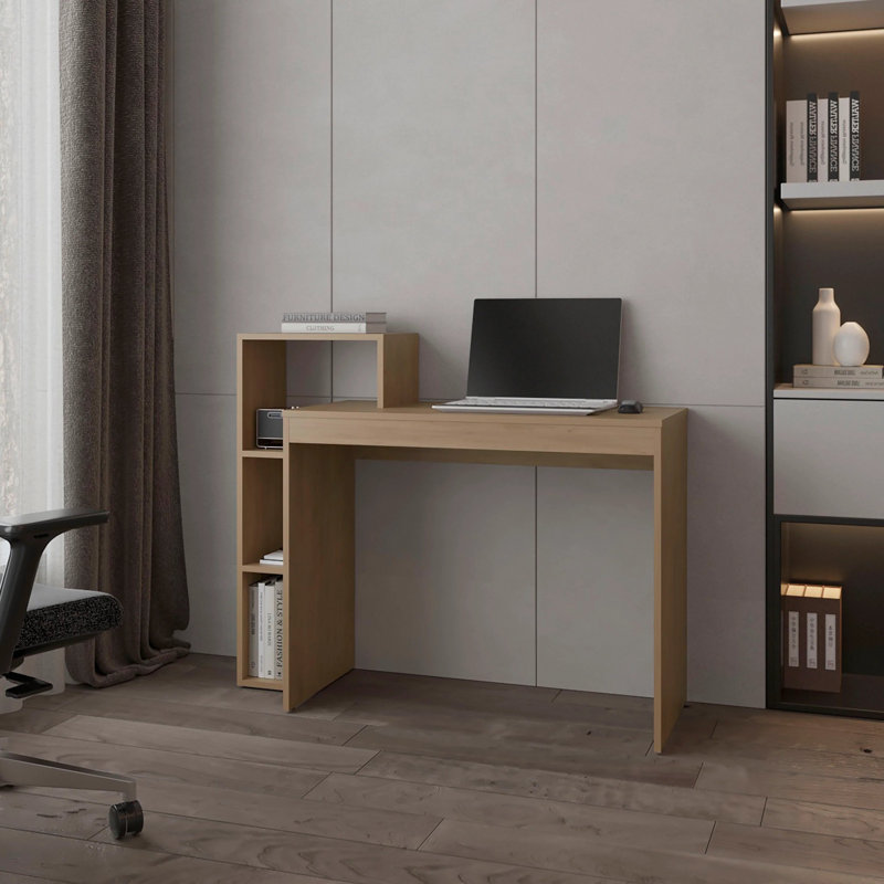 Bureau d'ordinateur en chêne naturel avec rangement ouvert