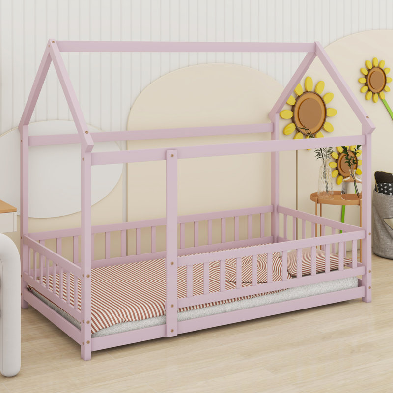 Lit en bois avec structure de toit et garde-corps de sécurité, Rose