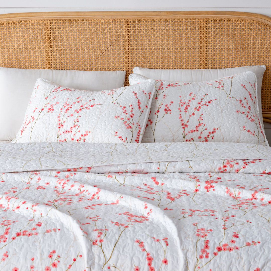 Spring Cherry Blossom Floral Quilt Set with Shams FreshFolds 