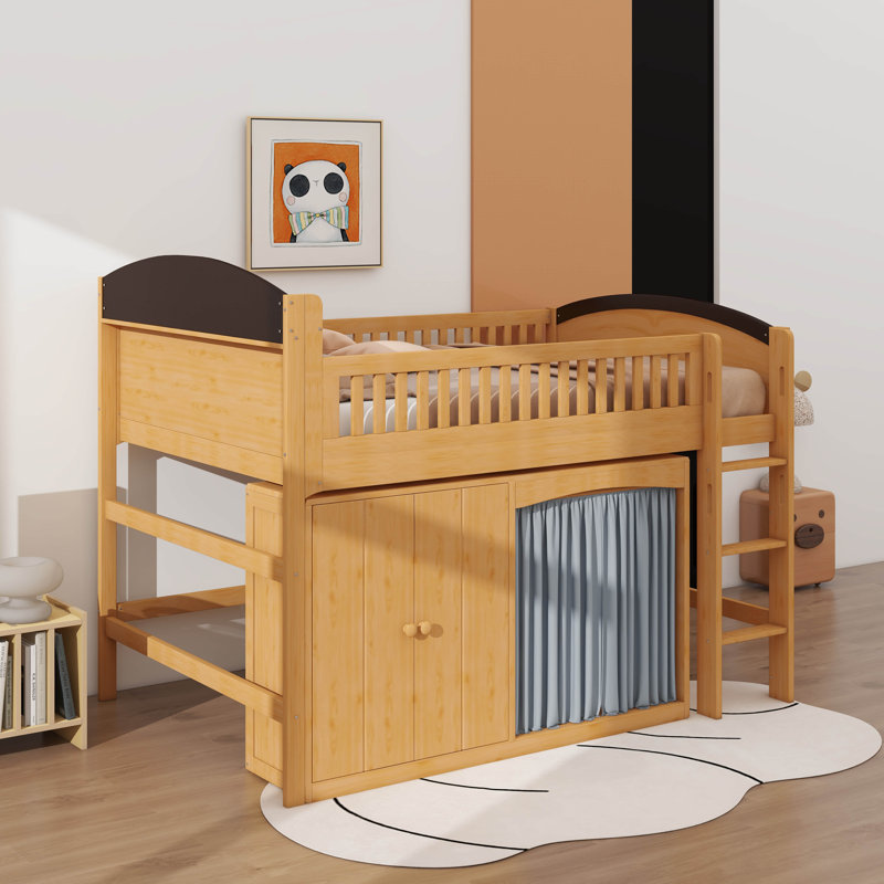 Full Size Loft Bed With Storage Cabinet, Wardrobe, And LED Lighting, Solid Wood Loft Bed With Ladder And Guardrails For Teenagers