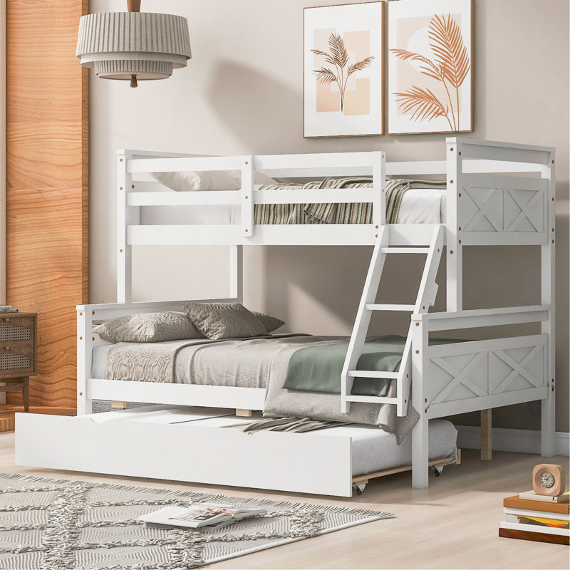 Twin Over Full Bunk Bed With Ladder, Twin Size Trundle, Safety Guardrail, White