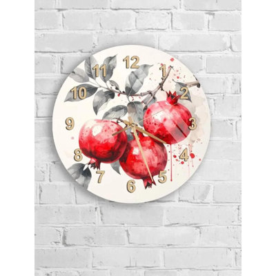 Pomegranate Tempered Glass Wall Clock, Red Accent, Floral Pattern Clock, Oversized Clock, Modern Wall Decor, Unique Timepiece