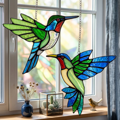 2 Pieces 6‑Inch Hummingbird Stained‑Glass Window Suspended Suncatchers, Handcrafted Copper‑Foil Art Ornaments, Decorative Sun Catchers for Bird Enthusiasts, Thoughtful Presents for Mom, Grandma, Wife and Mother‑in‑Law
