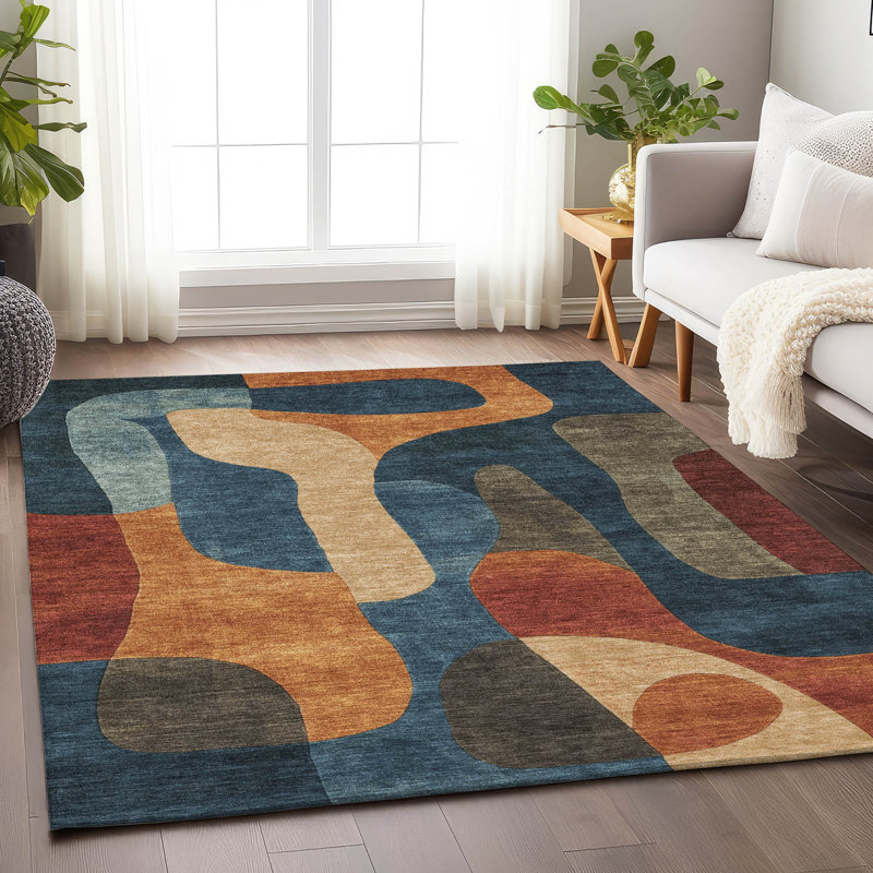 Tapis bleu marine Xhevrie intérieur / extérieur lavable à la machine, Rectangulaire 3 pi x 5 pi