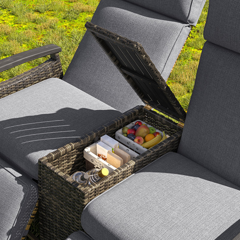 Patio Recliner Loveseat Chair with Adjustable Backrest and Built-in Storage Table, Grey