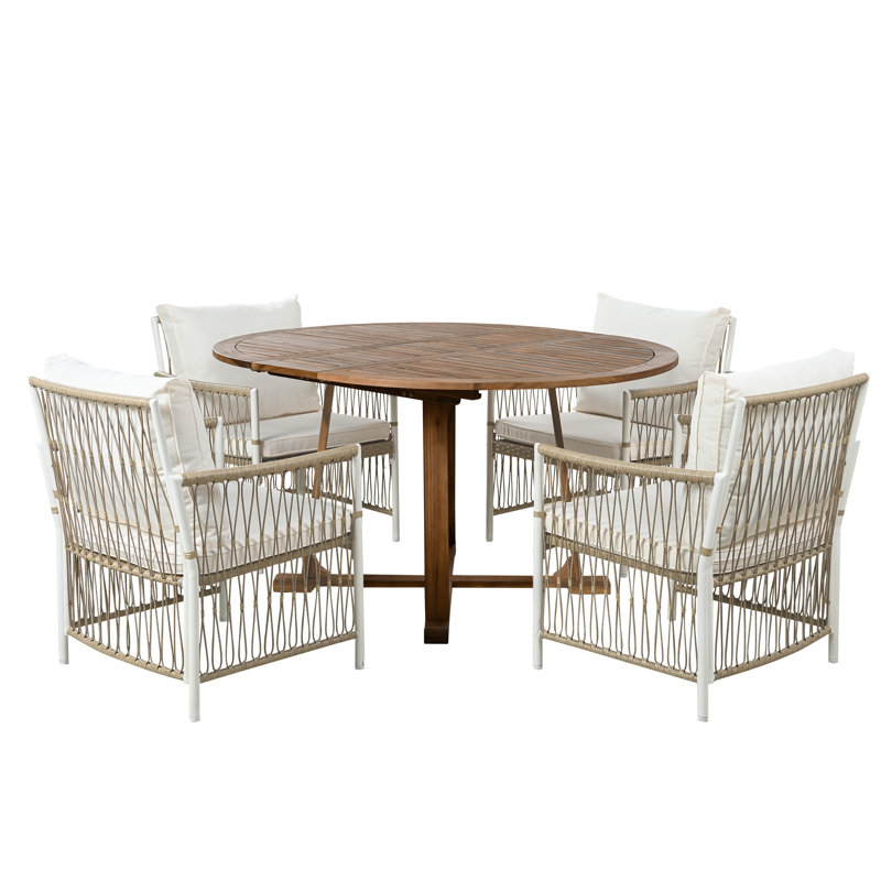 Ensemble de table de salle à manger extensible en bois d'acacia avec 4 fauteuils en rotin pour l'intérieur et l'extérieur
