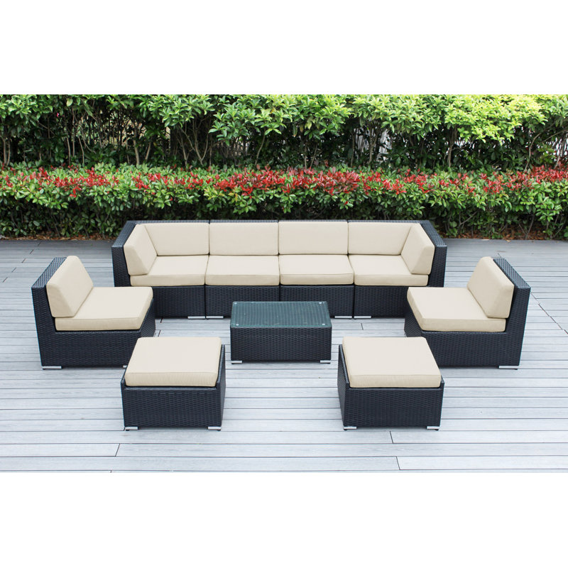 Ensemble de conversation en osier pour 8 personnes avec coussins - aucun assemblage, Noir, Sunbrella - beige antique