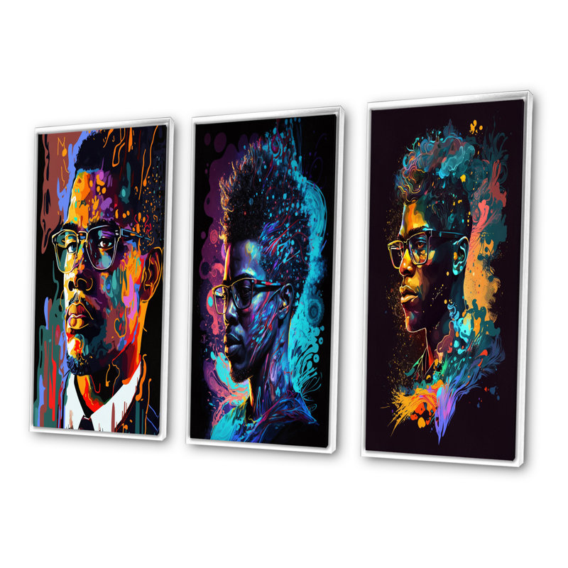 «Malcolm X Illustration», 3 pièces sur toile, Cadre flottant blanc, H 28 po x l 36 po