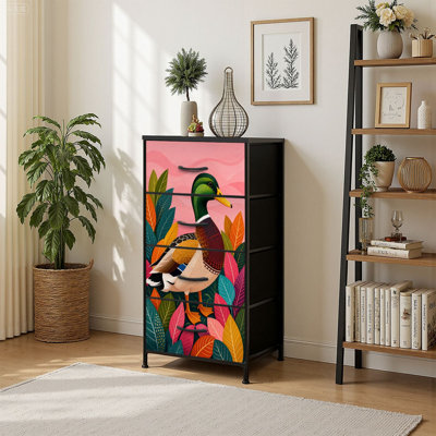 Commode de rangement verticale 4 tiroirs Canard colvert coloré avec poignées en bois
