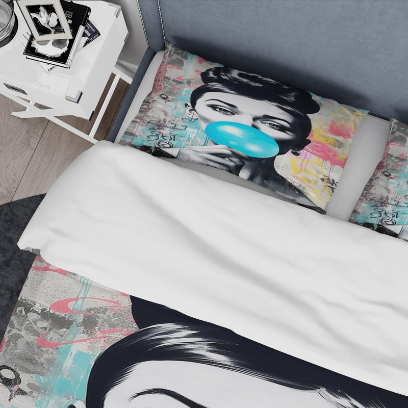 Ensemble de housse de couette Audrey Hepburn Blue Bubble Gum - Celebrity, Housse de couette simple et deux taies décorative