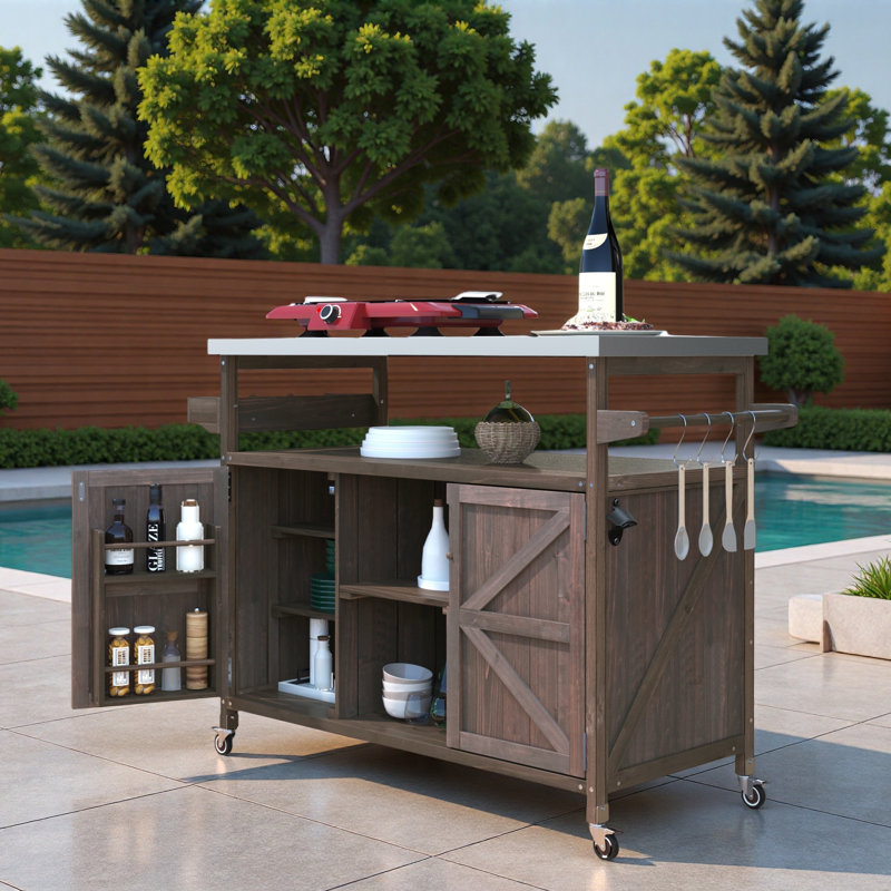 Îlot de cuisine extérieur avec armoire de rangement, plateau en acier inoxydable, support à épices et porte-serviettes