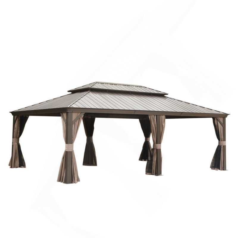 14X24 FT Hardtop Gazebo, Outdoor Gazebo With Galvanized Steel Double Roof, Aluminum Frame, Built - In Gutter System, Curtain And Netting, Metal Gazebo Pavilion