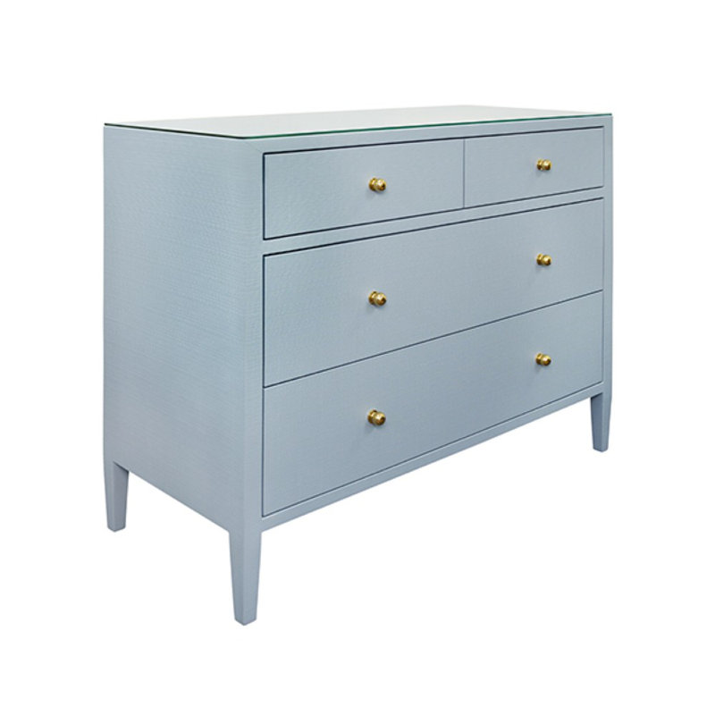 Commode à quatre tiroirs avec plateau en verre, Bleu