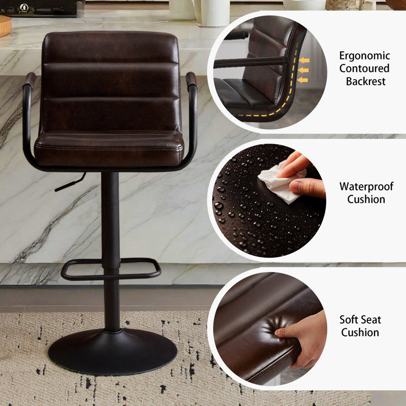 Modern Adjustable Swivel Bar Stools with High Back, Faux Leather Upholstered Counter Height Chairs (Set of 2), Black Brown