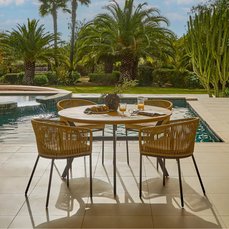 4 Seater Round Wooden Garden Dining Set with 4 Rope Chairs, Beige