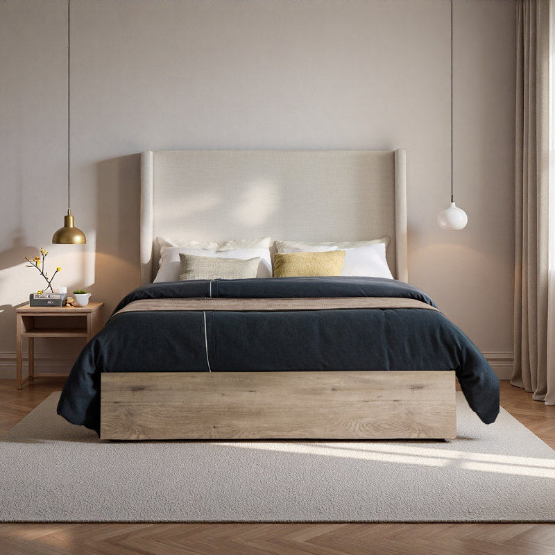 Lit à oreilles tapissier / tête de lit haute de 54 po / base en bois / rustique / maison de campagne moderne / neutre / scandinave