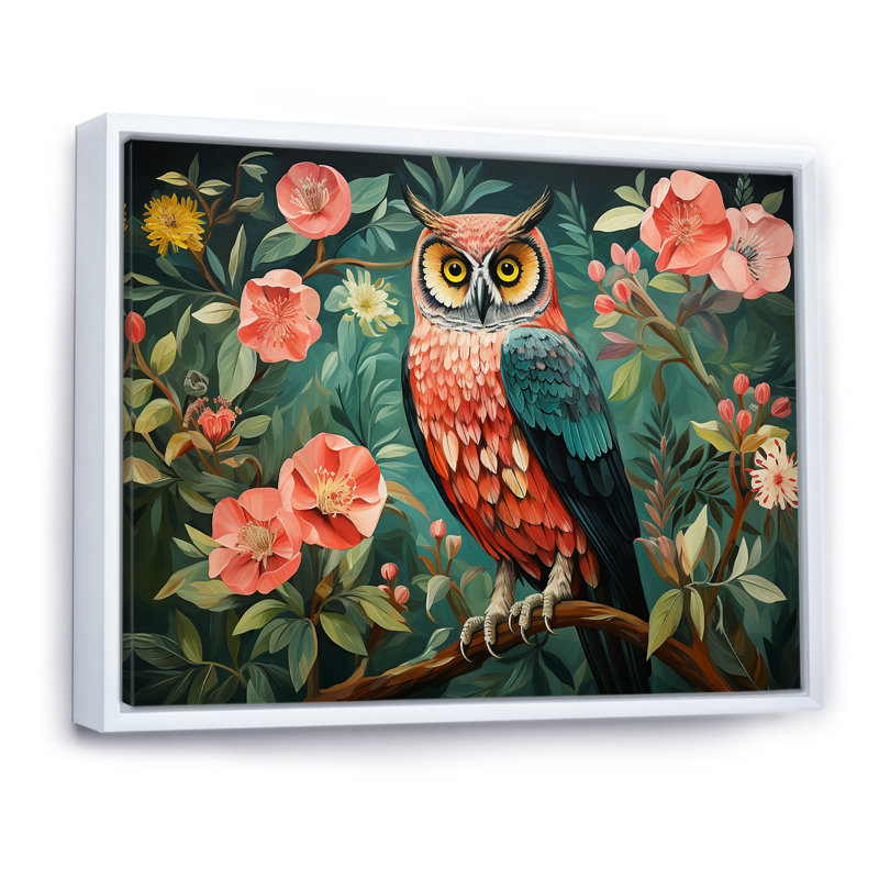 Hibou rose et gris dans le style Matisse V - Art mural animal hibou, Cadre flottant blanc, H 34 po x l 44 po x P 1,5 po