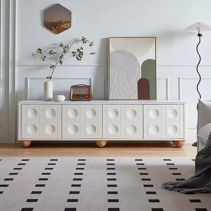 Meuble télé beige en bois manufacturé, H 22,05 po x L 86,61 po x l 15,75 po