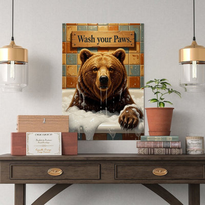 Canvas Wall Art Funny Brown Bear Canvas Print, Wash Your Paws, Rustic Bathroom Vintage Poster Print Home Decor