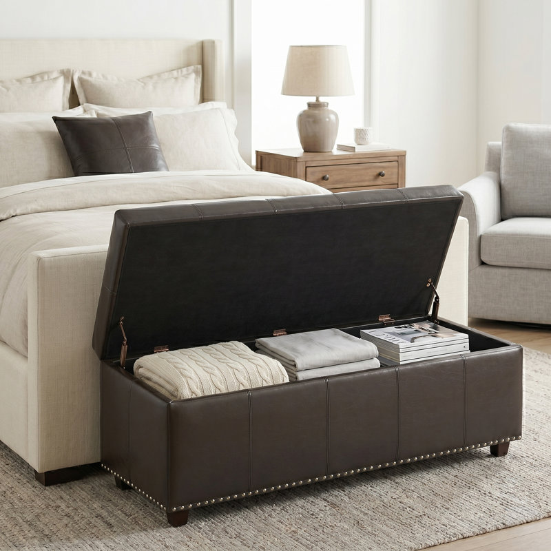 Kingsley 48"W Upholstered Vegan Leather Transitional Rectangular Lift-Up Storage Ottoman Bench with Nailhead Trim