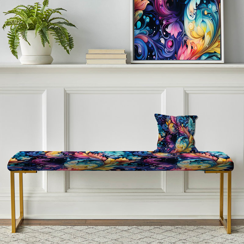 Upholstered Gold Bench,  Ethnos Paisley Harmony Marble Pattern