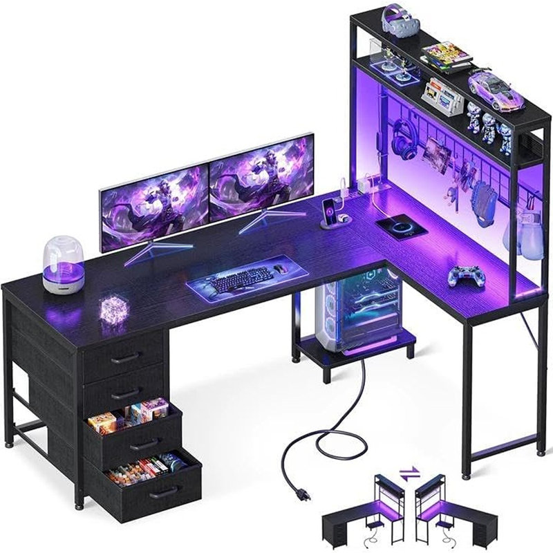 Bureau de jeu en L avec 4 tiroirs, bureau d'ordinateur réversible avec huche, tablettes, lumières DEL et prises de courant, noir