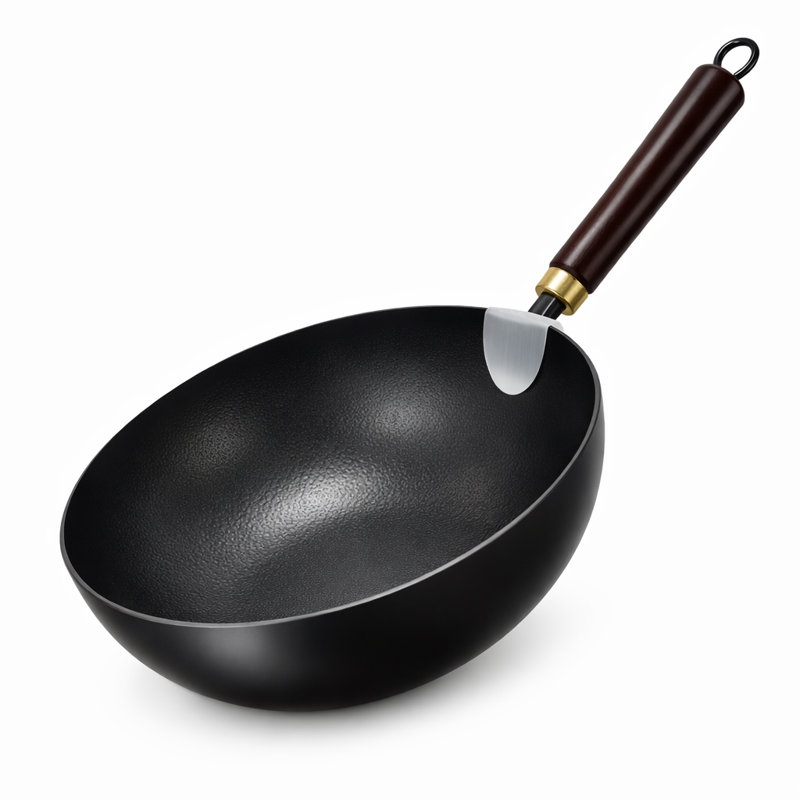 Wok en fer noir avec poignée en bois - 28 cm, 28
