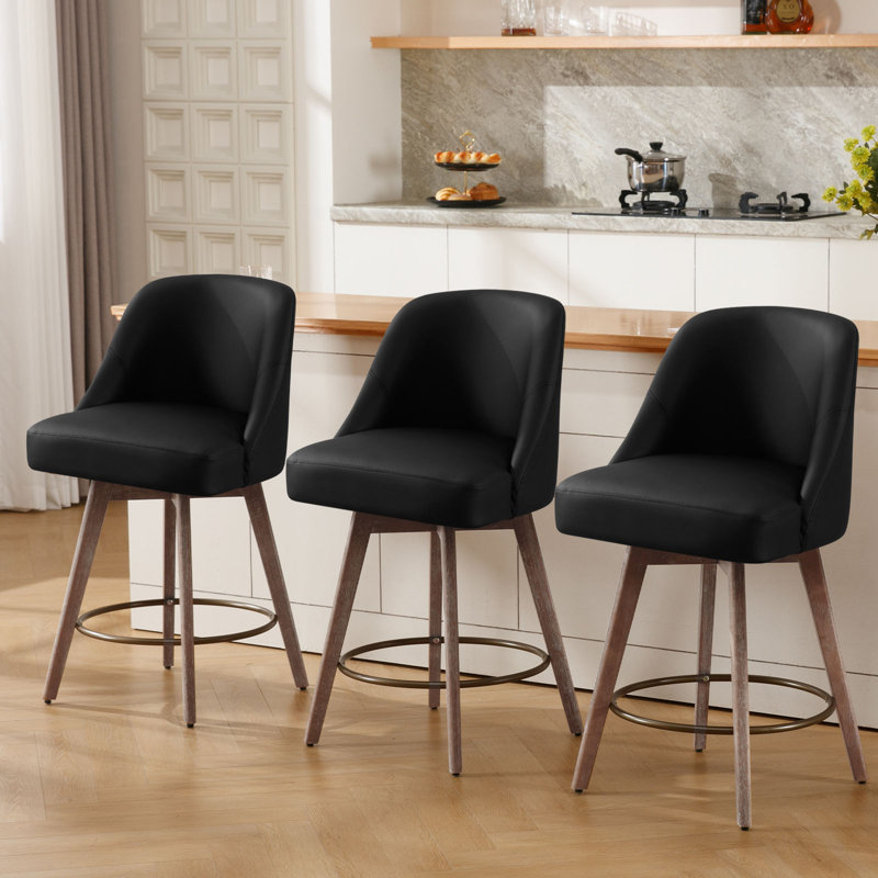 Black Faux Leather Swivel Counter Stools with Wood Legs, Set of 3
