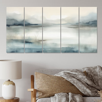 «Misty Lake Tranquility Retro Watercolor II», reproduction d'art murale - 5 panneaux égaux