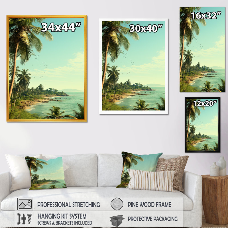 Coastal Vintage Tropical Coastline - Art mural côtier tropical, Cadre flottant brun, H 32 po x l 24 po
