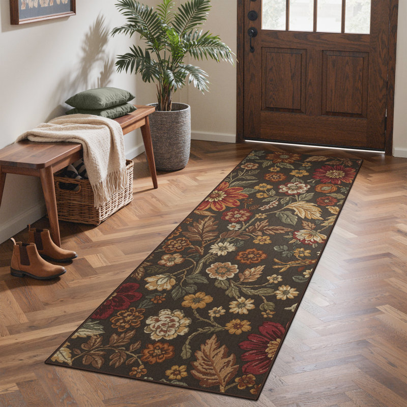 Ammons Blossom Floral Machine Washable Brown / Green / Red Indoor Area Rug With Non-Slip Backing, Runner 2' x 6'
