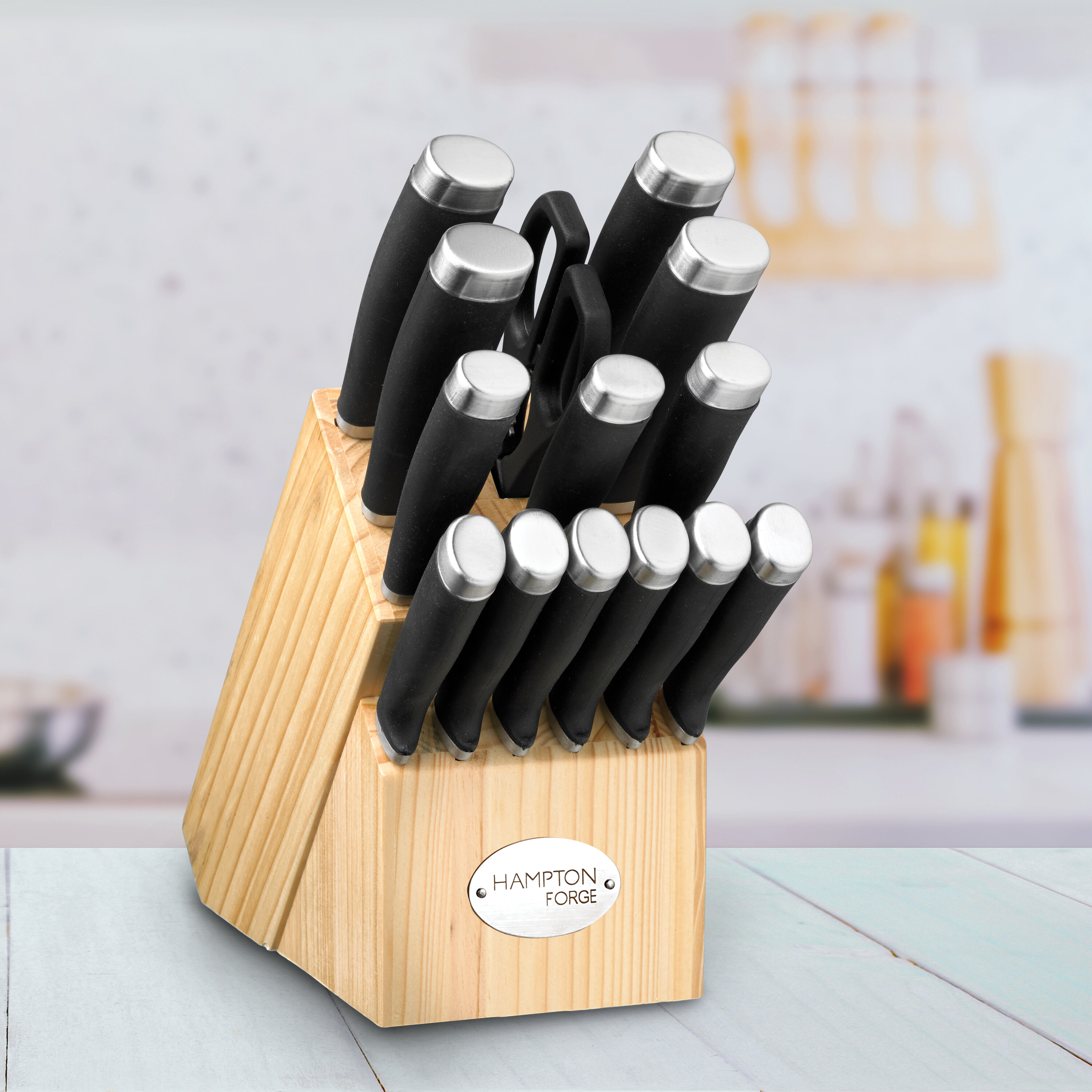 Oster Lingbergh 14 Piece Stainless Steel Cutlery Knife Set with Pine Wood  Block