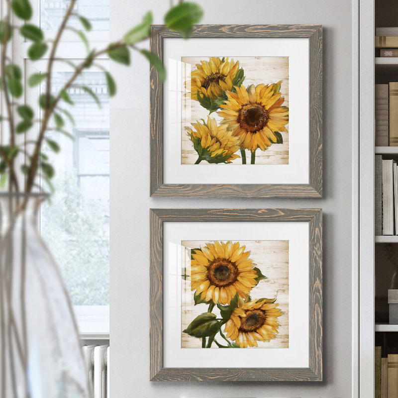 Tournesol d'été I - ensemble de 2 peintures, Papier dans un cadre photo, H 17 po x l 34 po, Gris