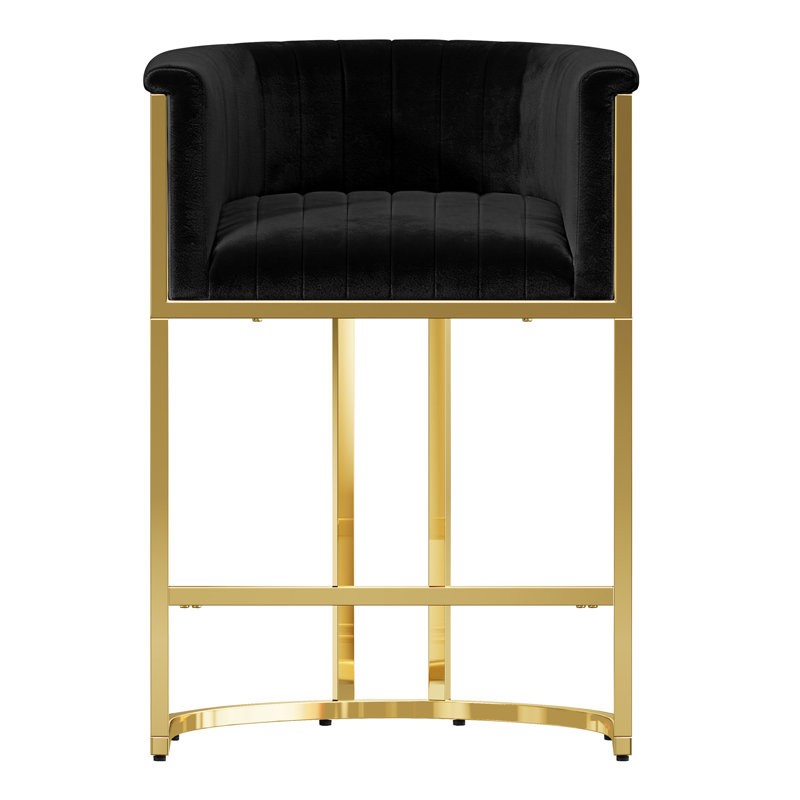 Tabouret de bar à hauteur de comptoir avec tabouret de bar et dossier, base en velours noir et métal doré, Doré, Velours noir