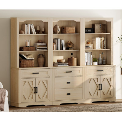 Ensemble de bibliothèque de style campagnard moderne à 3 colonnes avec tablettes réglables, étagères en bois de 73 po de hauteur, armoire de rangement et tiroirs pour le bureau personnel, le salon, le chêne clair