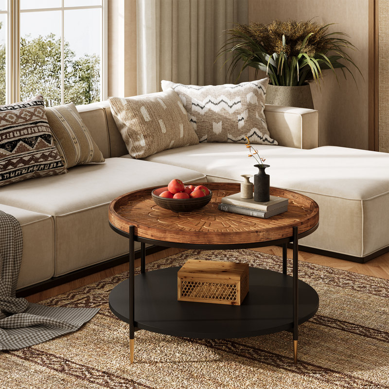 Table basse ronde en bois massif de 31,5 po, table basse de salon Boho avec rangement en métal et motif floral sculpté, Brun
