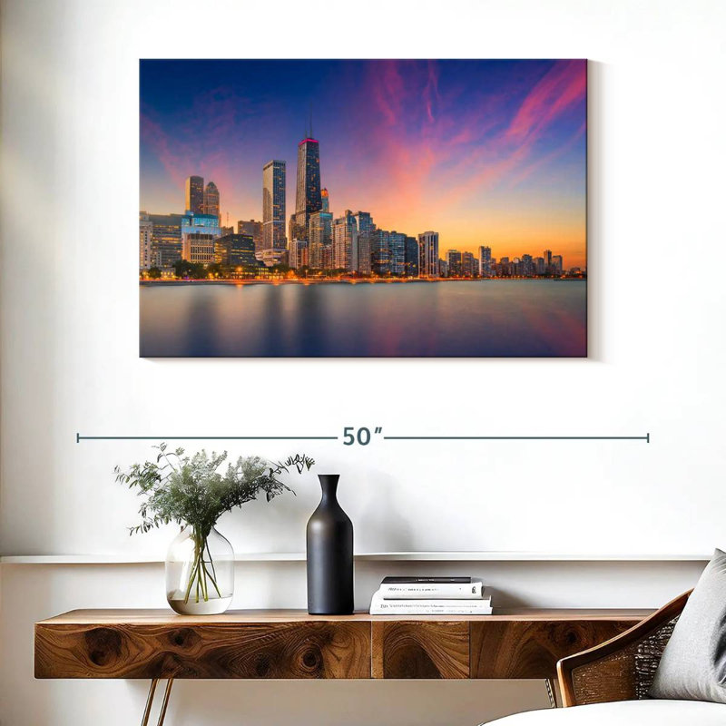 Nicci, Chicago, coucher de soleil, paysage urbain, H 26 po x l 39 po