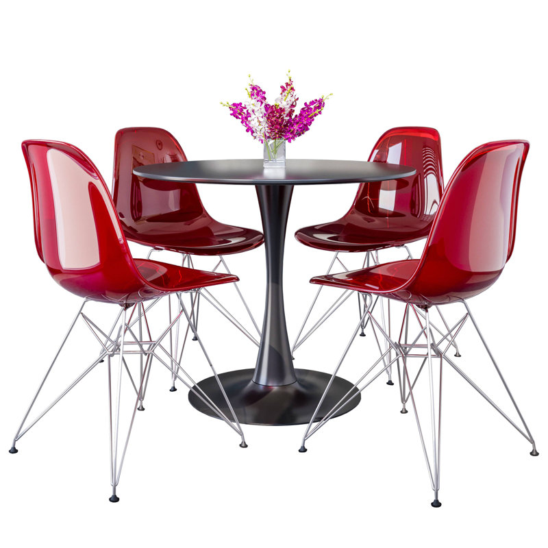 Elkton 5-Piece Dining Set With 35" Round MDF Table And 4 ABS Plastic Side Chair With Chrome Base Elkton Collection