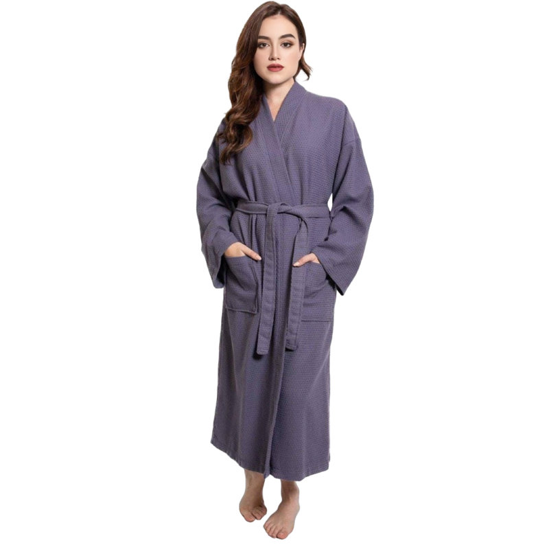 Peignoir mi-mollet 100% coton gaufré avec poches, gris