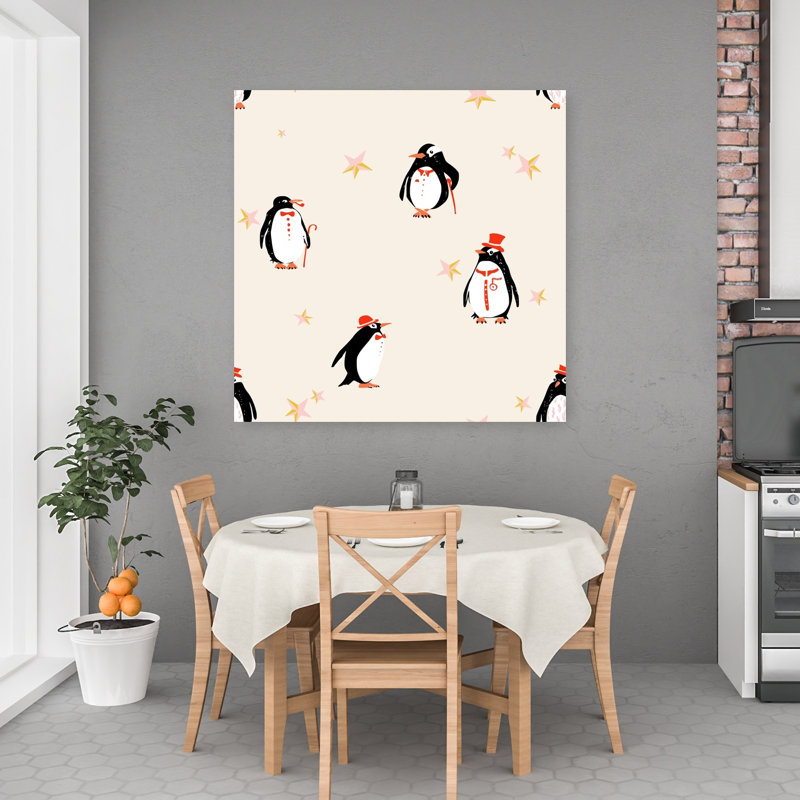Dapper Penguins And Stars Elegant Playful Vintage Bird Penguin Winter Landscape Wall Art Print 1 Piece Wrapped Canvas Wall Art