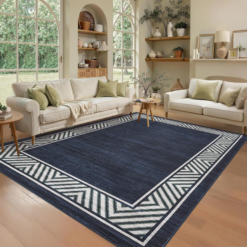 8x10 Modern Geometric Bordered Area Rug – Washable, Foldable, Stain-Resistant, Easy to Clean, Non-Slip for Living Room & Bedroom (Navy Blue)