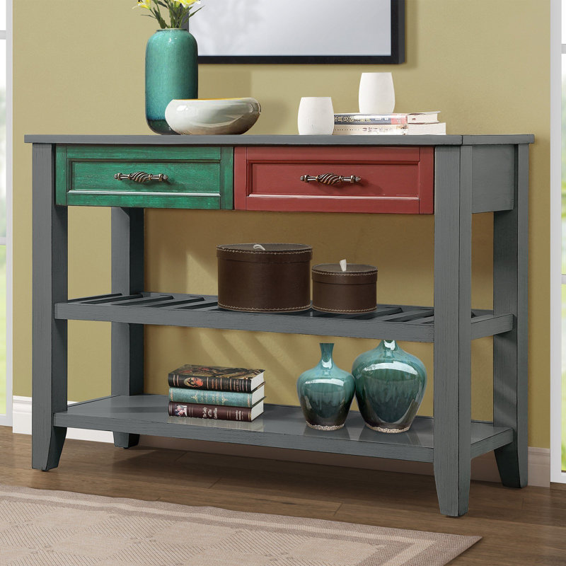 Console de rangement en bois Ajada avec 2 tiroirs de rangement et 2 tablettes à niveaux, Gris / rouge / vert