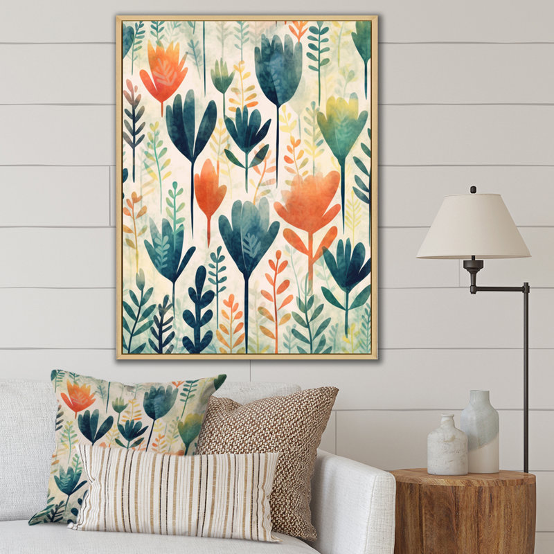 Motif floral sarcelle corail et scandinave, Cadre naturel flottant, H 40 po x l 30 po x P 1,5 po