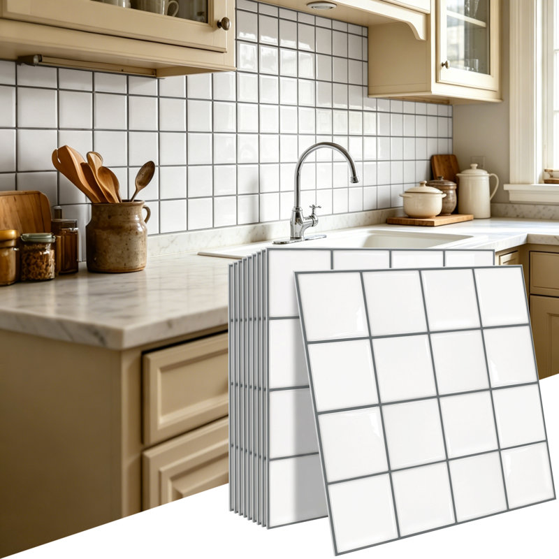 Carrelage mural auto-adhésif 11,81 po x 11,81 po à texture brillante carrée, carreaux muraux imperméables et auto-adhésifs pour cuisine et salle de bain, housse plus épaisse de 9 mm (ensemble de 10 pi)